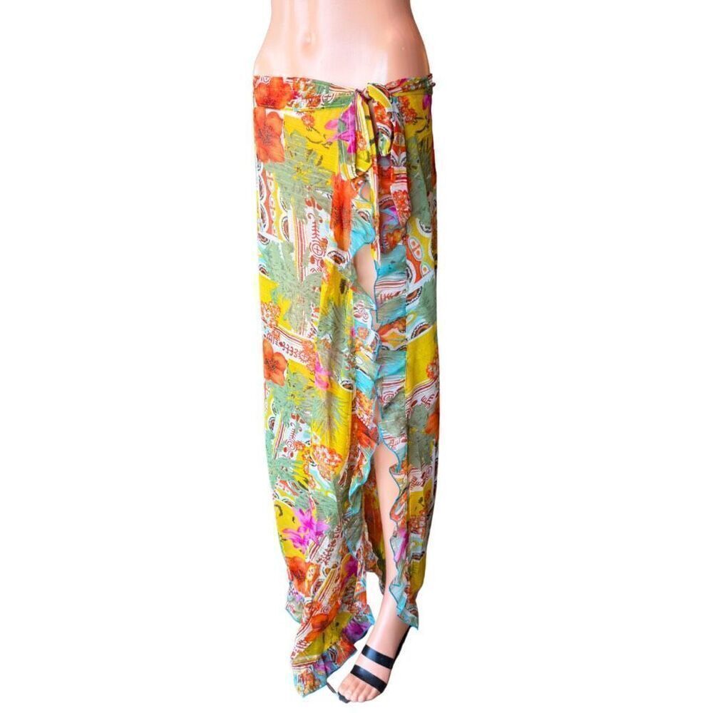 America & Beyond Tropical Ruffle Maxi Skirt S NWT Sarong Cover-Up Boho Festival - Picture 3 of 7